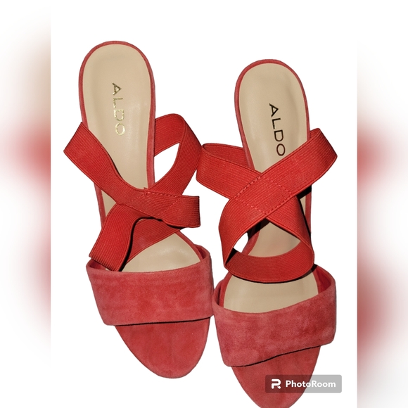 Aldo red Coicia suede and  elastic ankle strap 4" heels holiday - Picture 5 of 7